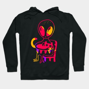 Alien petting a cat in red, orange and purple cute gift Hoodie